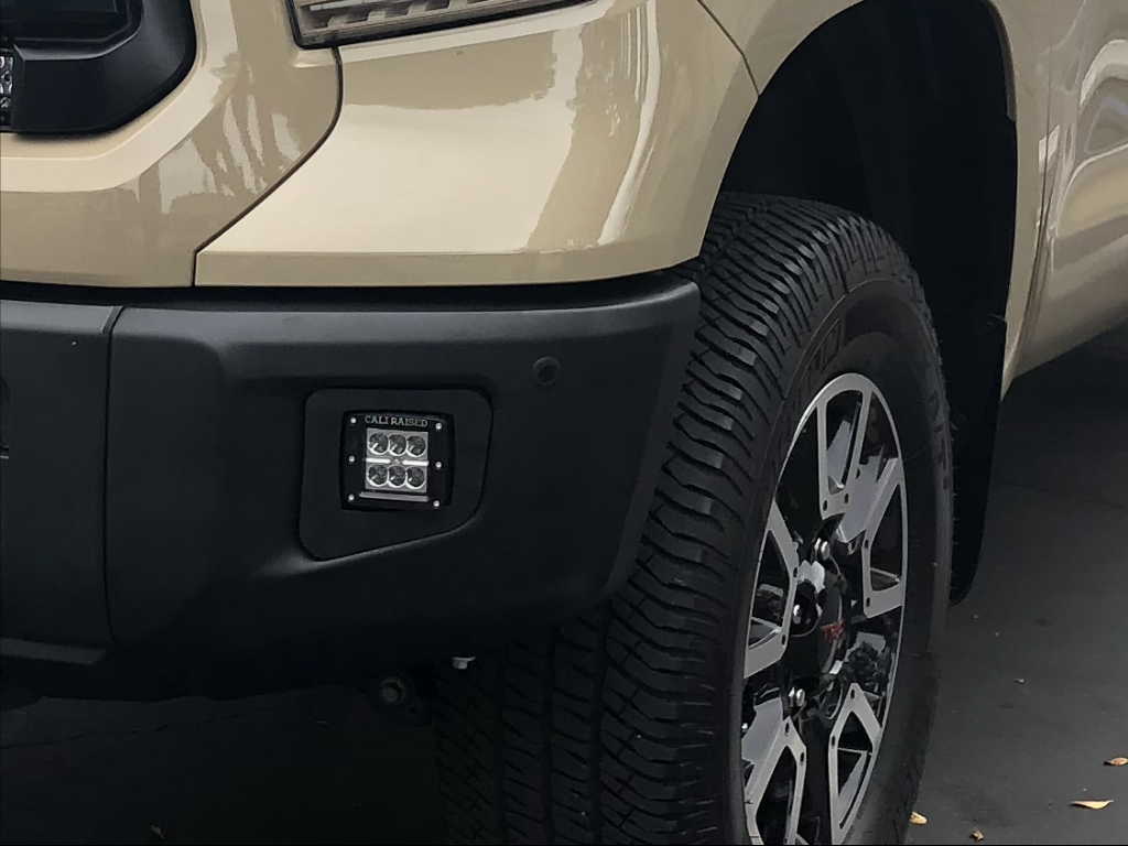 Up-close Tan Toyota Tundra LED Replacement Fog Light Pod Mounting Brackets - Cali Raised LED